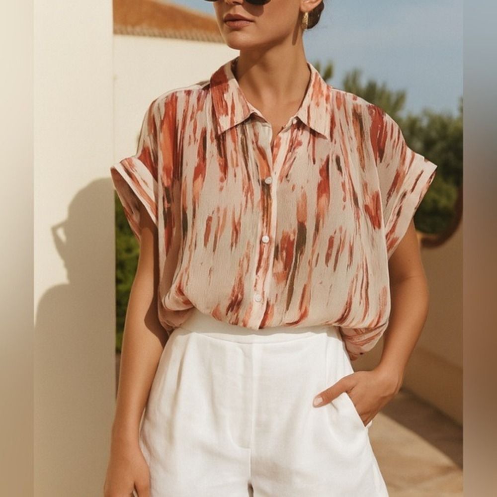 DKNY Women's Sheer Abstract Chiffon Dolman Sleeve Button Top sz S Artsy Beachy